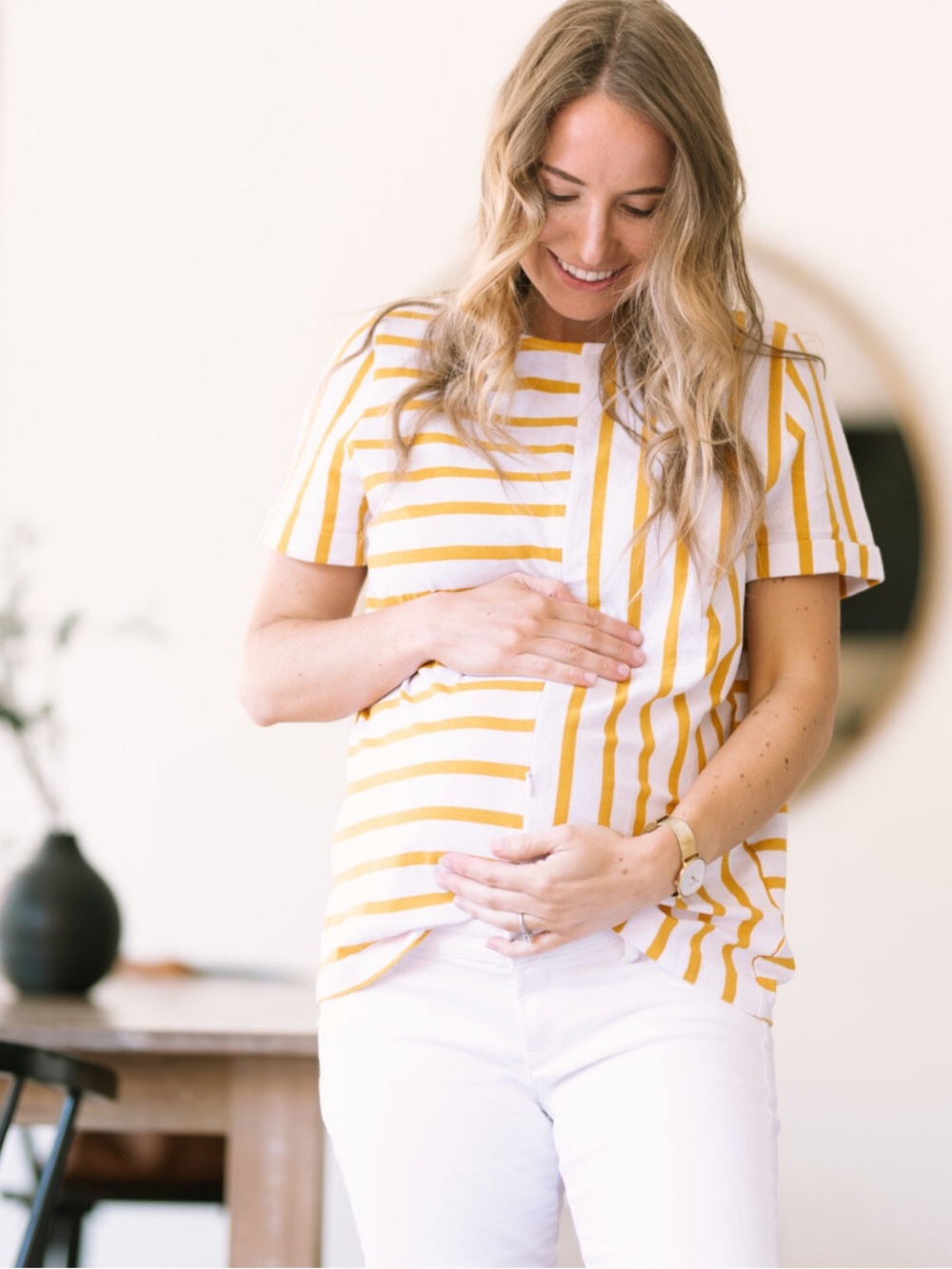 Loyal Hana Maternity Breastfeeding Short Sleeve Striped Tee Mustard/White Sz M